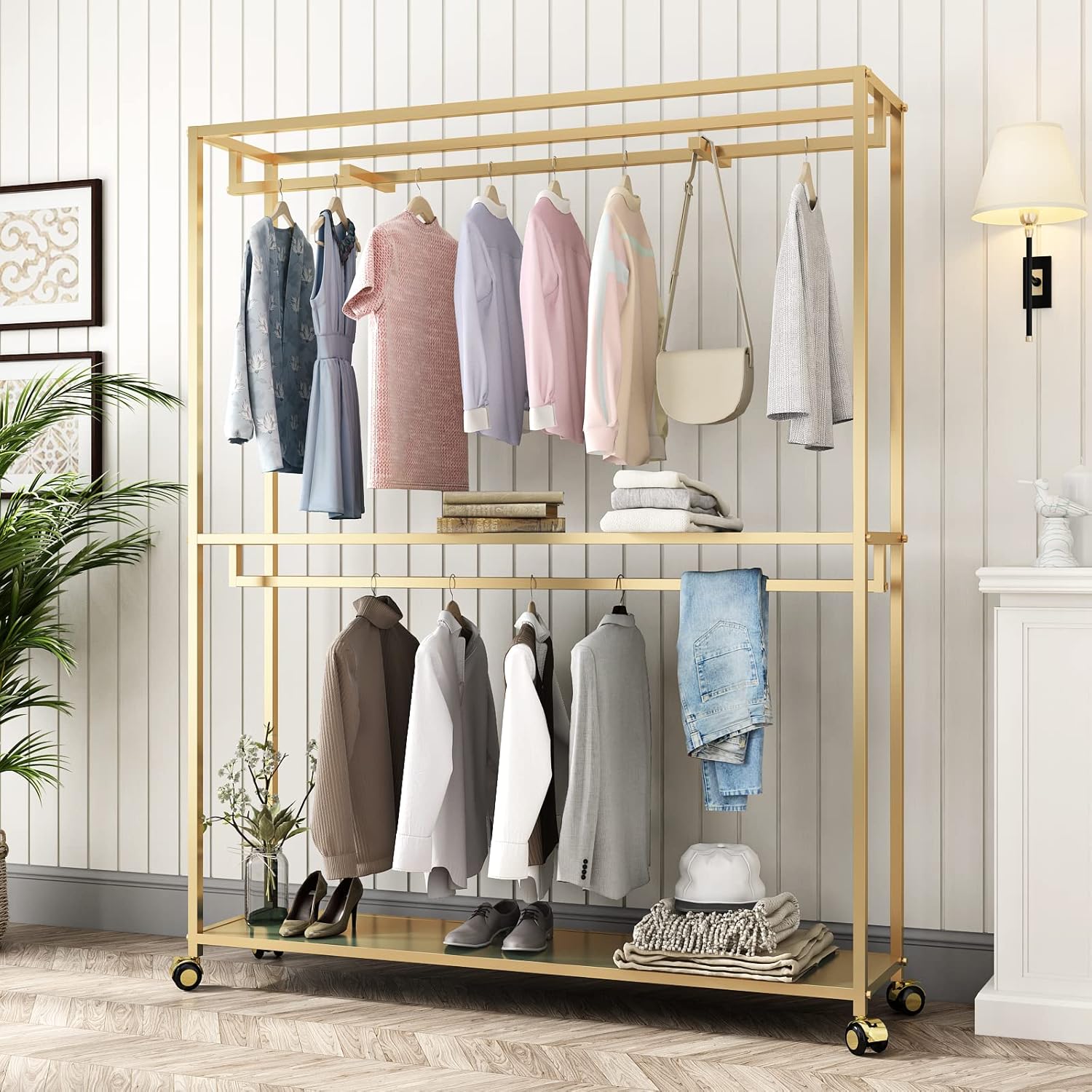 TIEOU Perchero dorado para ropa, perchero dorado con estantes para boutiques,