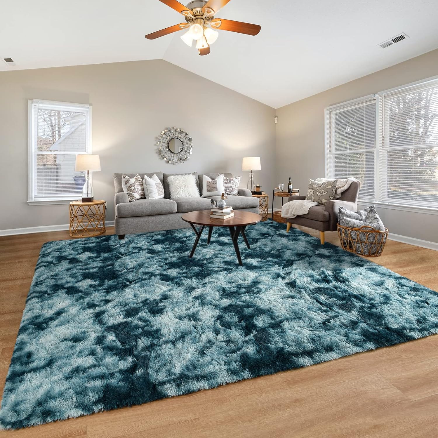 Pettop Alfombra mullida de teñido anudado azul pavo real para dormitorio, sala...