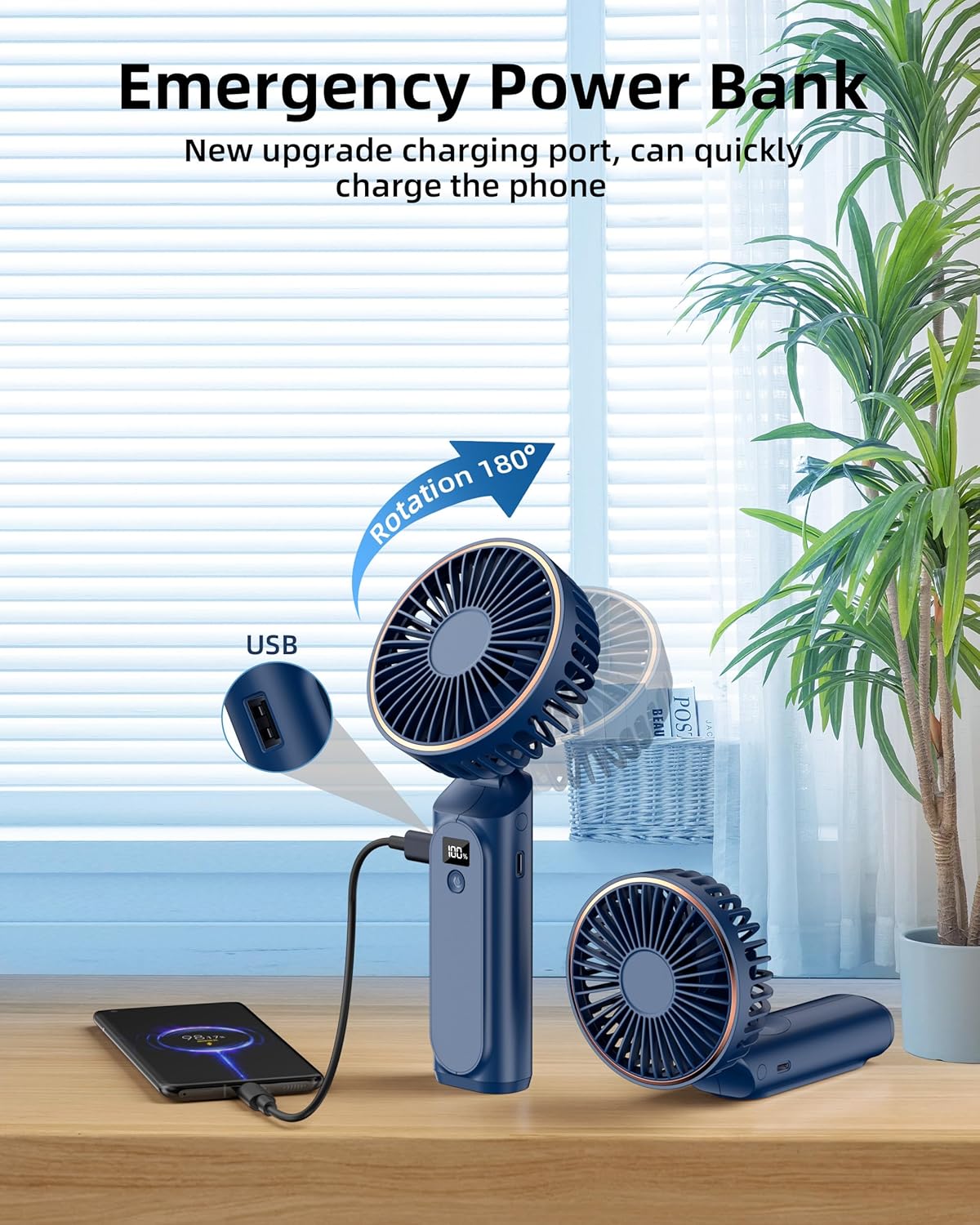 Ventilador de mano portátil recargable, 4000 mAh, ajustable en 180, 6...