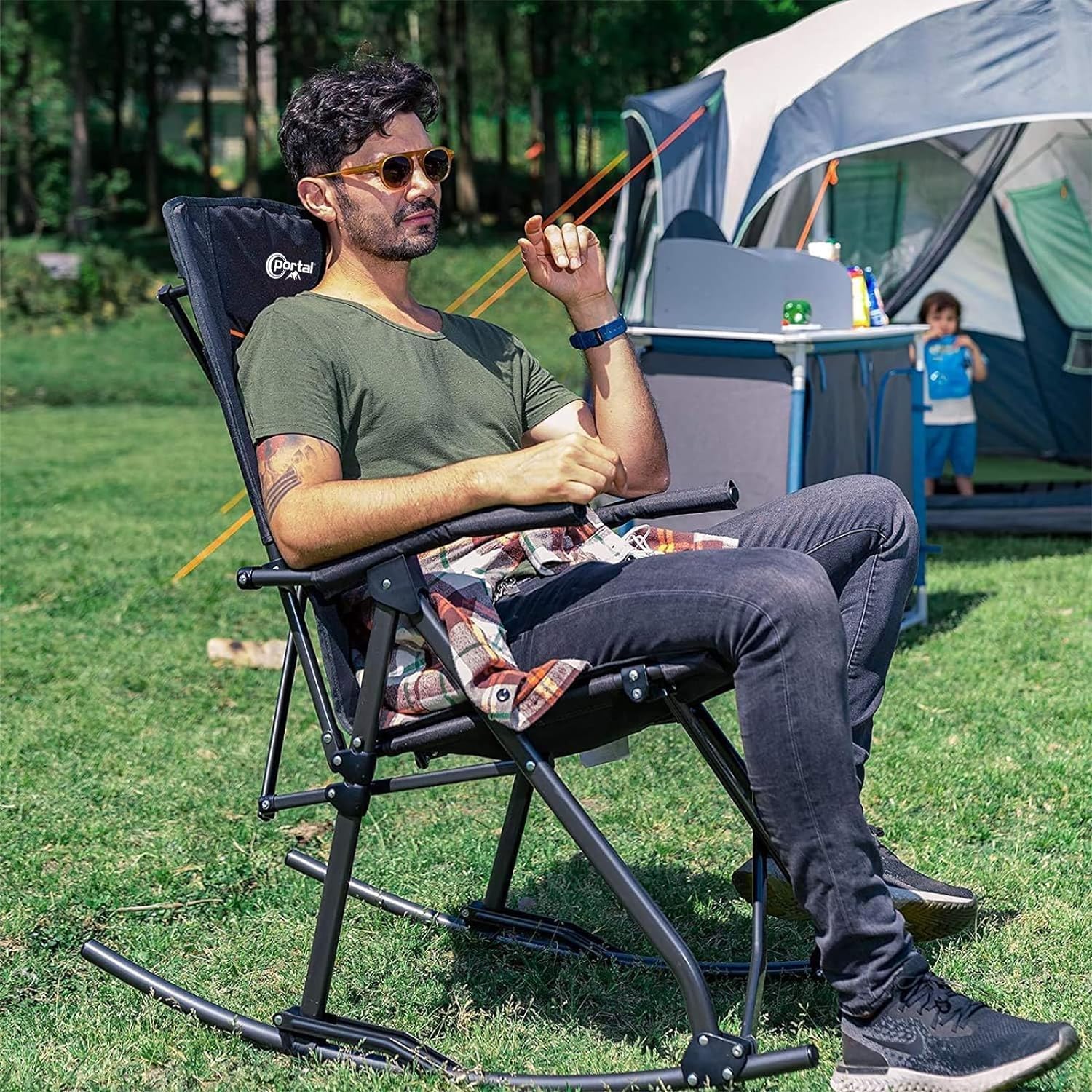 Portal - Silla mecedora plegable de gran tamaño para camping, respaldo alto,...