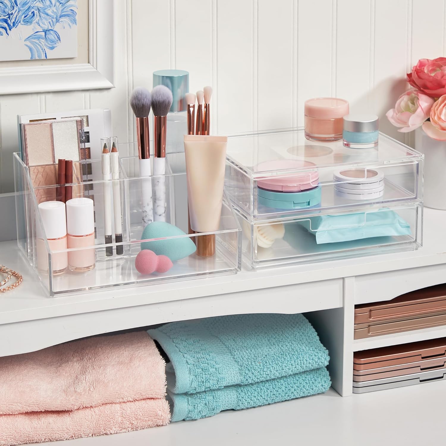STORi Chloe - Juego de soporte de maquillaje transparente apilable y cajón...
