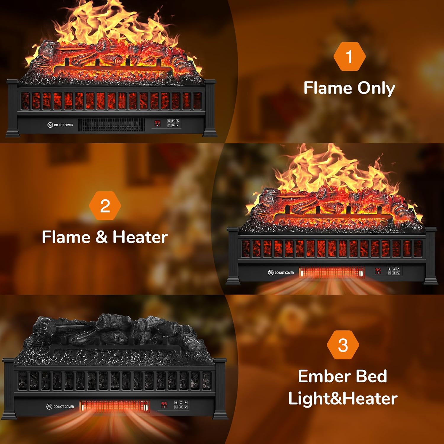 Troncos de chimenea eléctrica de 26 pulgadas, controlador remoto, calentador de...