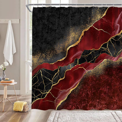 Cortina de ducha con diseño abstracto de mármol rojo burdeos, granate, dorado,
