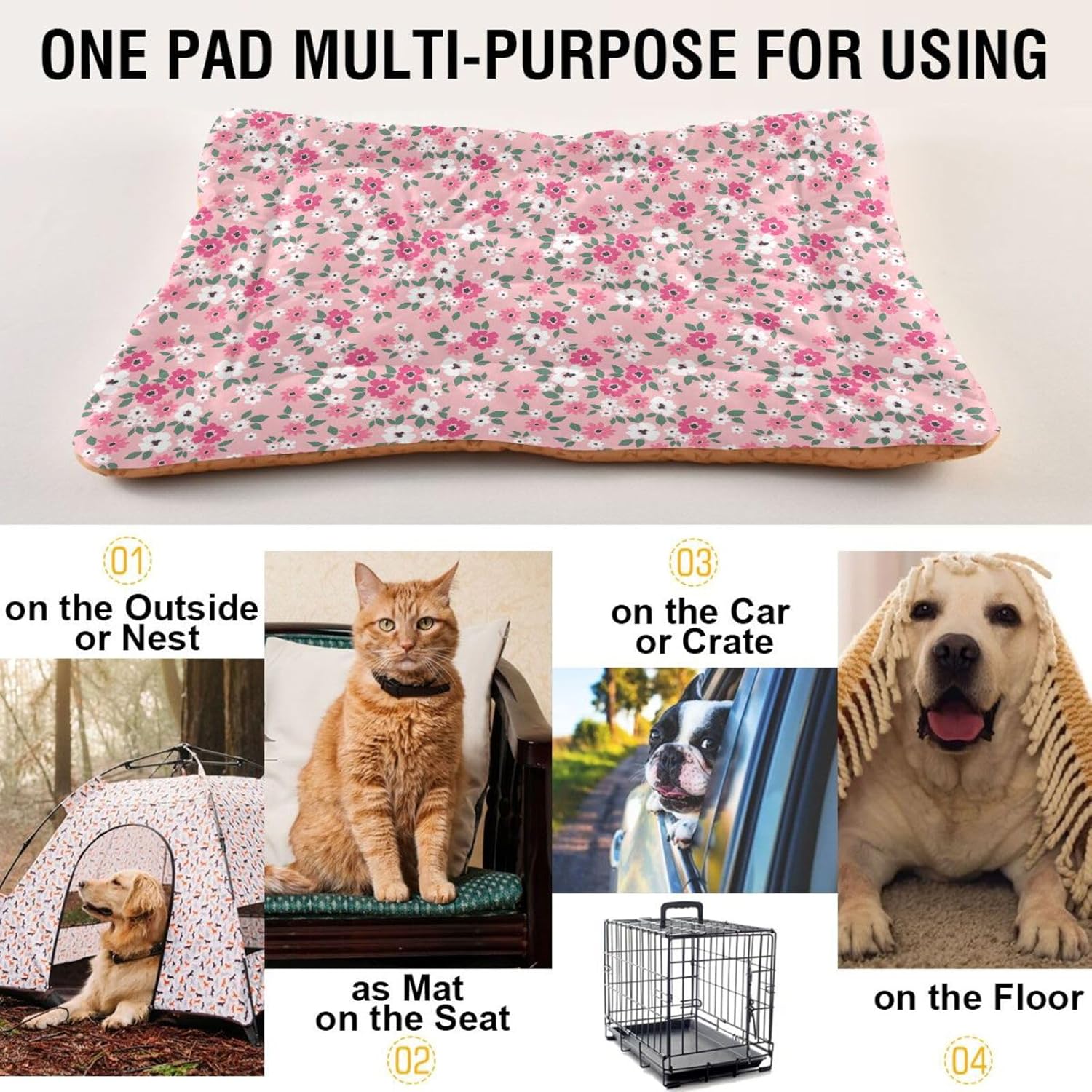 Almohadilla de cama para mascotas con diseño floral rosa, tapete suave para...