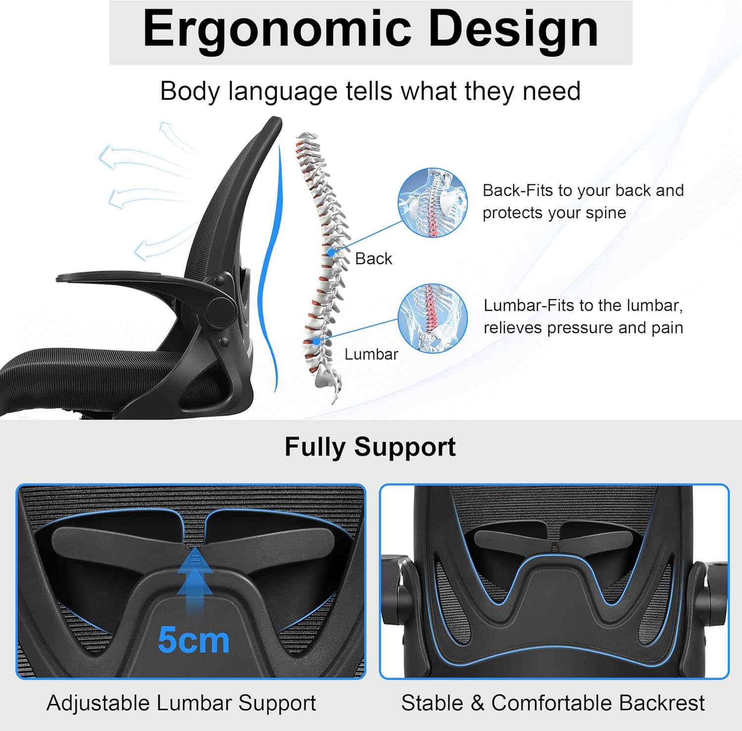 Primy Silla de oficina ergonómica con reposabrazos abatibles, silla giratoria...