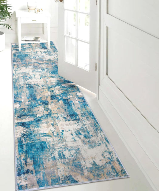 KOZYFLY Alfombra moderna abstracta de 2 x 8 pies, color azul, pelo bajo,...