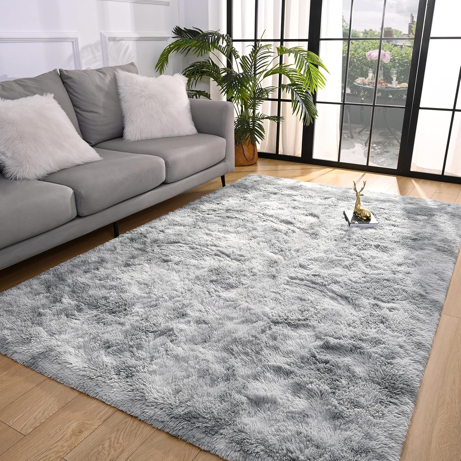 Pettop Alfombra mullida de teñido anudado gris claro para dormitorio, sala de...