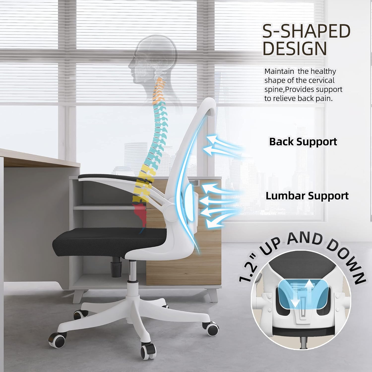 Monhey Silla de oficina ergonómica con soporte lumbar y brazos abatibles,...