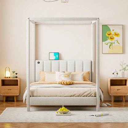 Designs Cama con dosel tamaño matrimonial con puertos USB y tipo C, base de