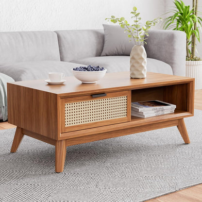 Bme Mesa de centro moderna de madera maciza con almacenamiento, diseño de ratán...