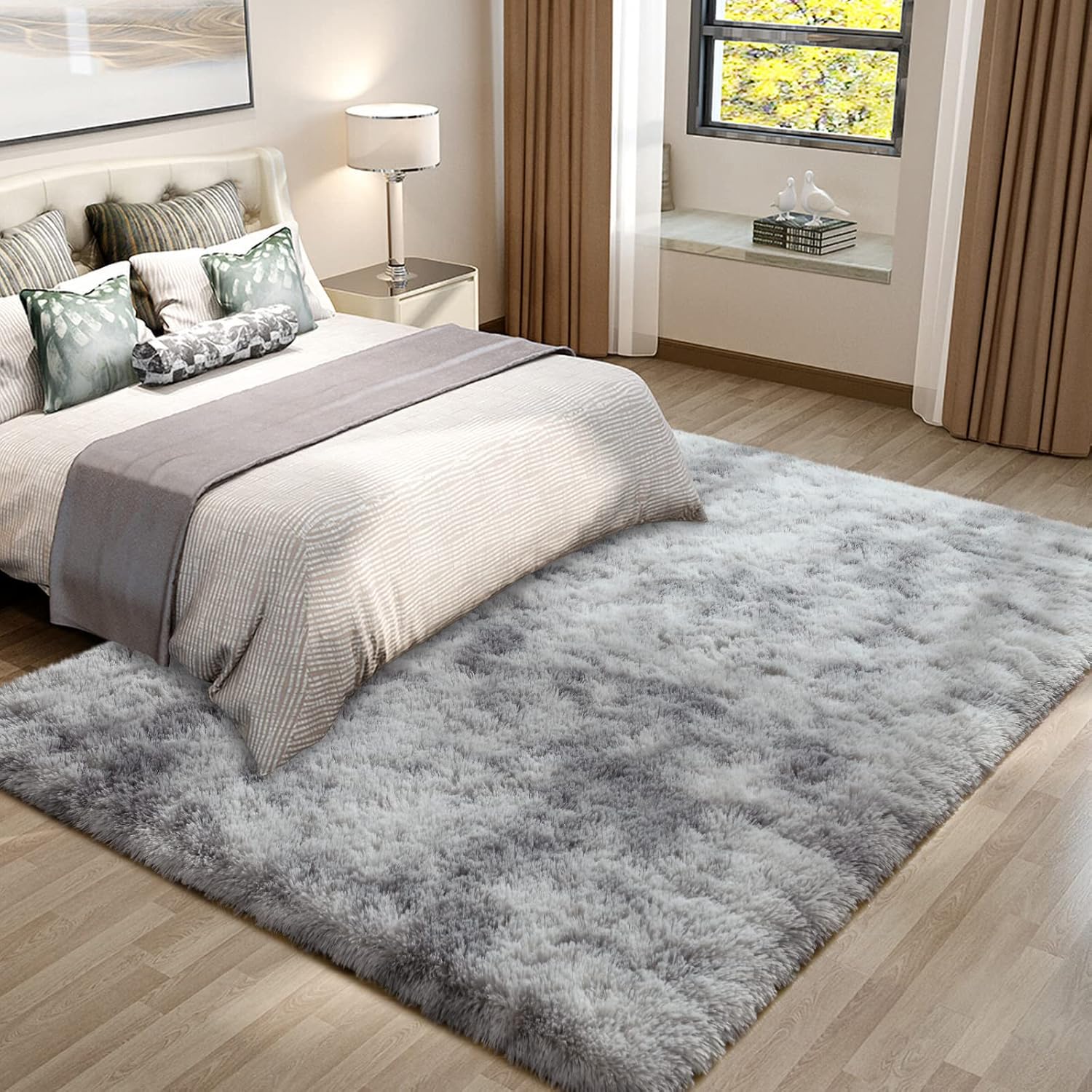 Pettop Alfombra mullida de teñido anudado gris claro para dormitorio, sala de...
