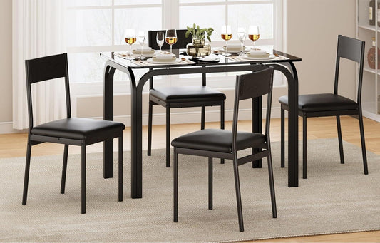 Juego de mesa de comedor con mesa de cristal negro y 4 sillas con cojín de