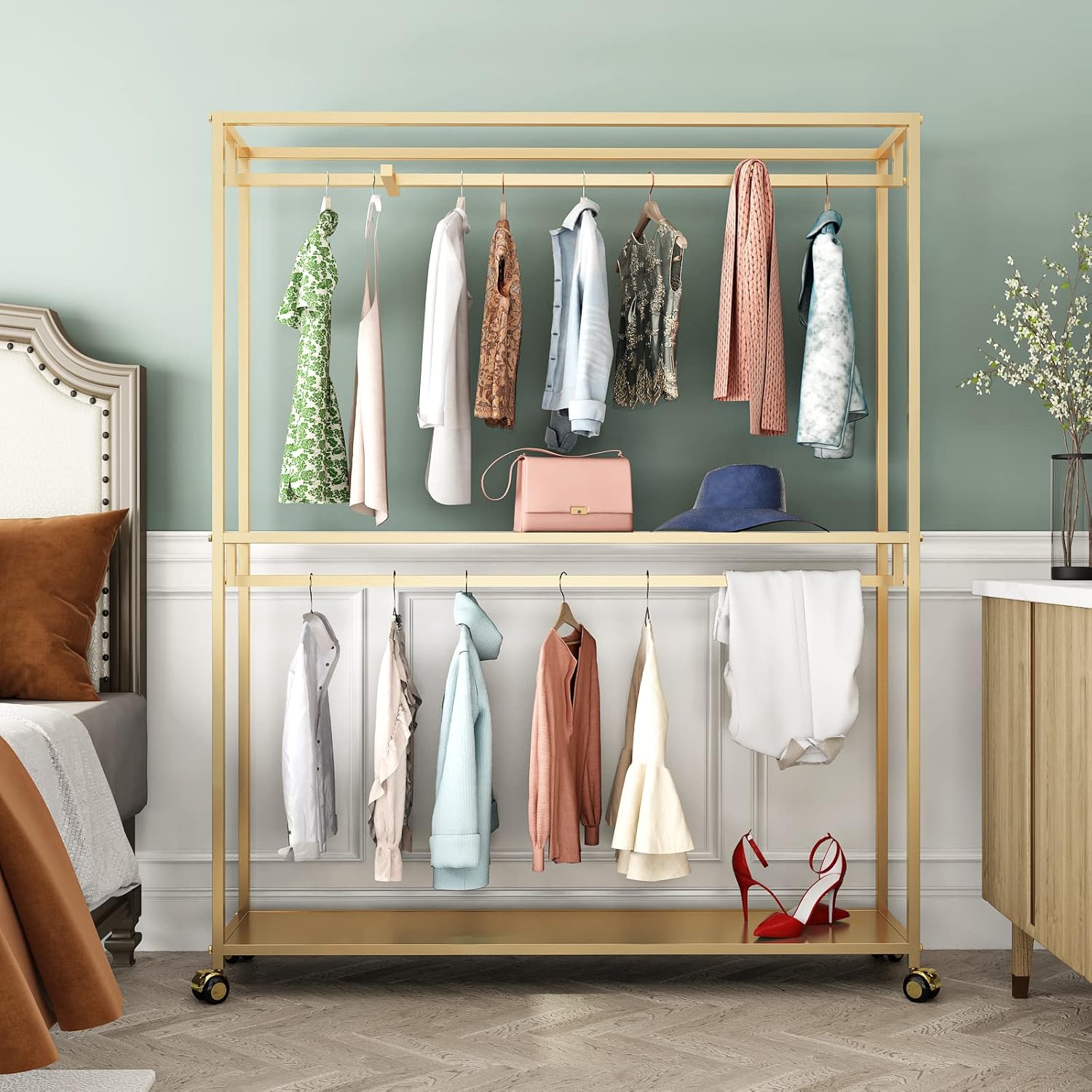 TIEOU Perchero dorado para ropa, perchero dorado con estantes para boutiques,