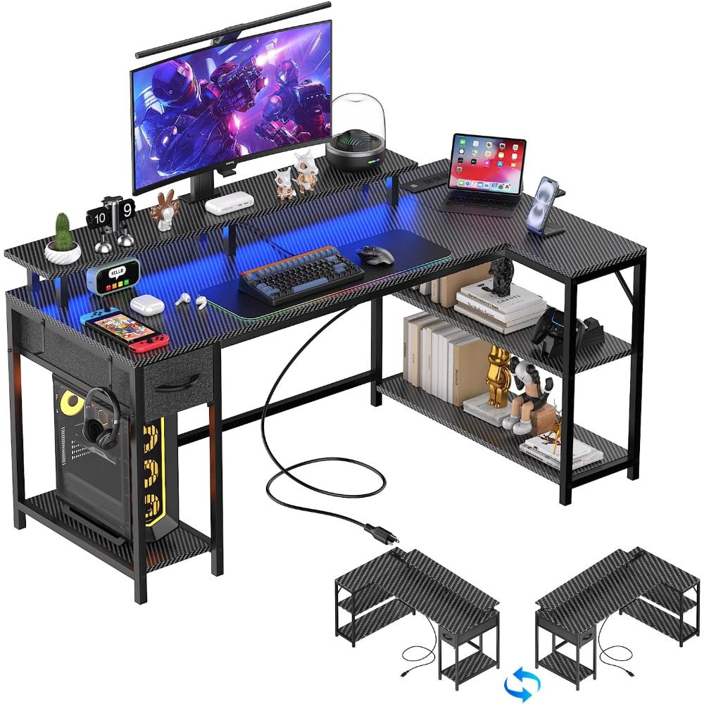 Escritorio Gamer En L Reversible, Con Puertos De Carga Usb Y Luz Led, Con Gancho Y Soporte Para Monitor