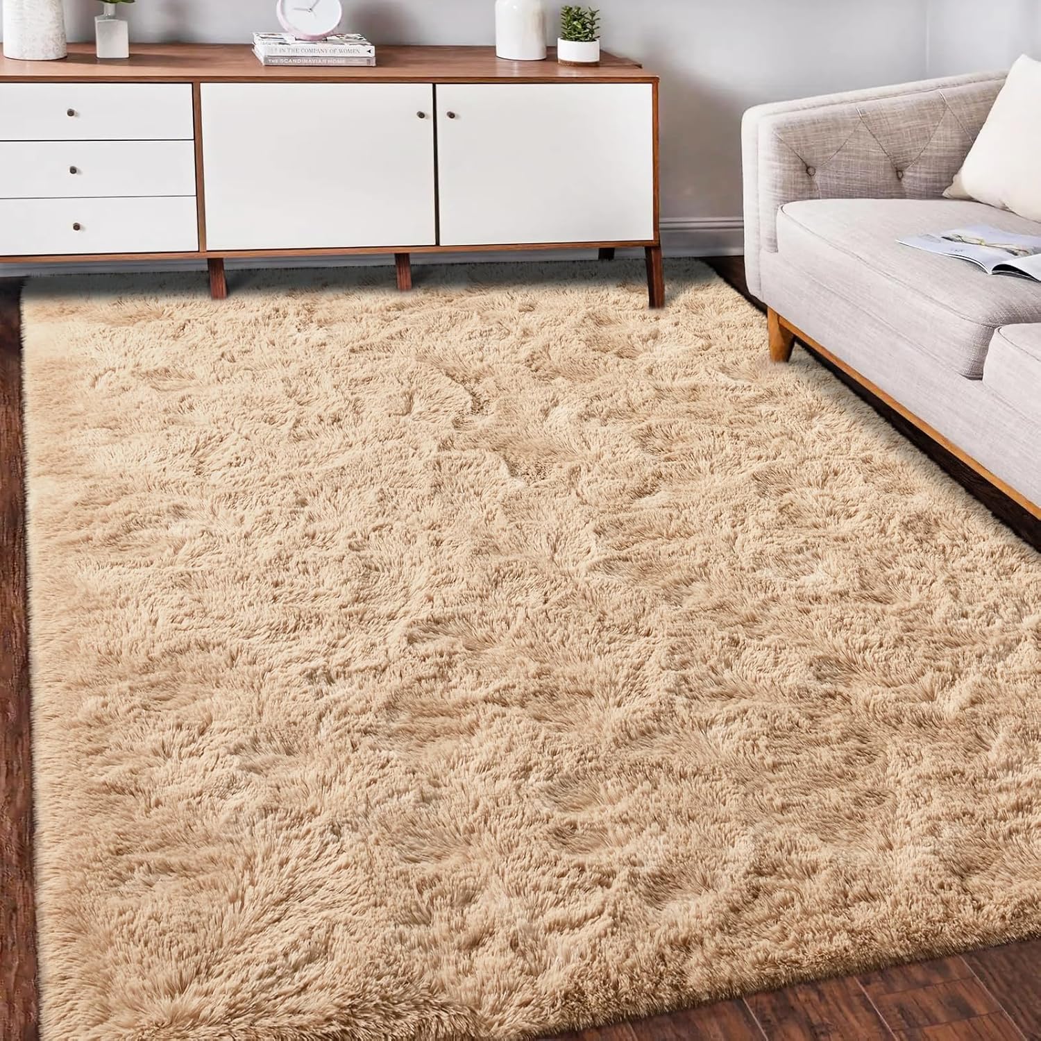Lascpt Alfombra de pelo largo súper suave para sala de estar, alfombra beige de...