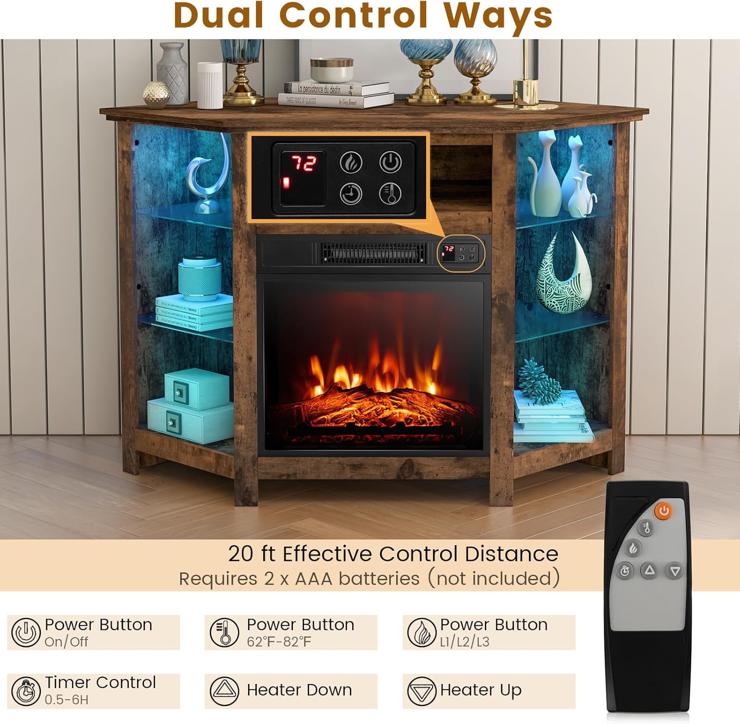 COSTWAY Soporte de TV de esquina con chimenea eléctrica para televisores de...