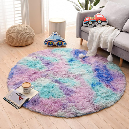 Alfombra redonda azul y morado para dormitorio, alfombra circular esponjosa de