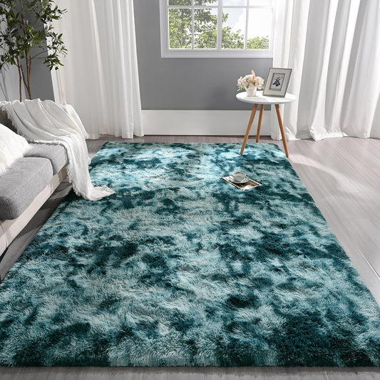 Pettop Alfombra mullida de teñido anudado azul pavo real para dormitorio, sala...