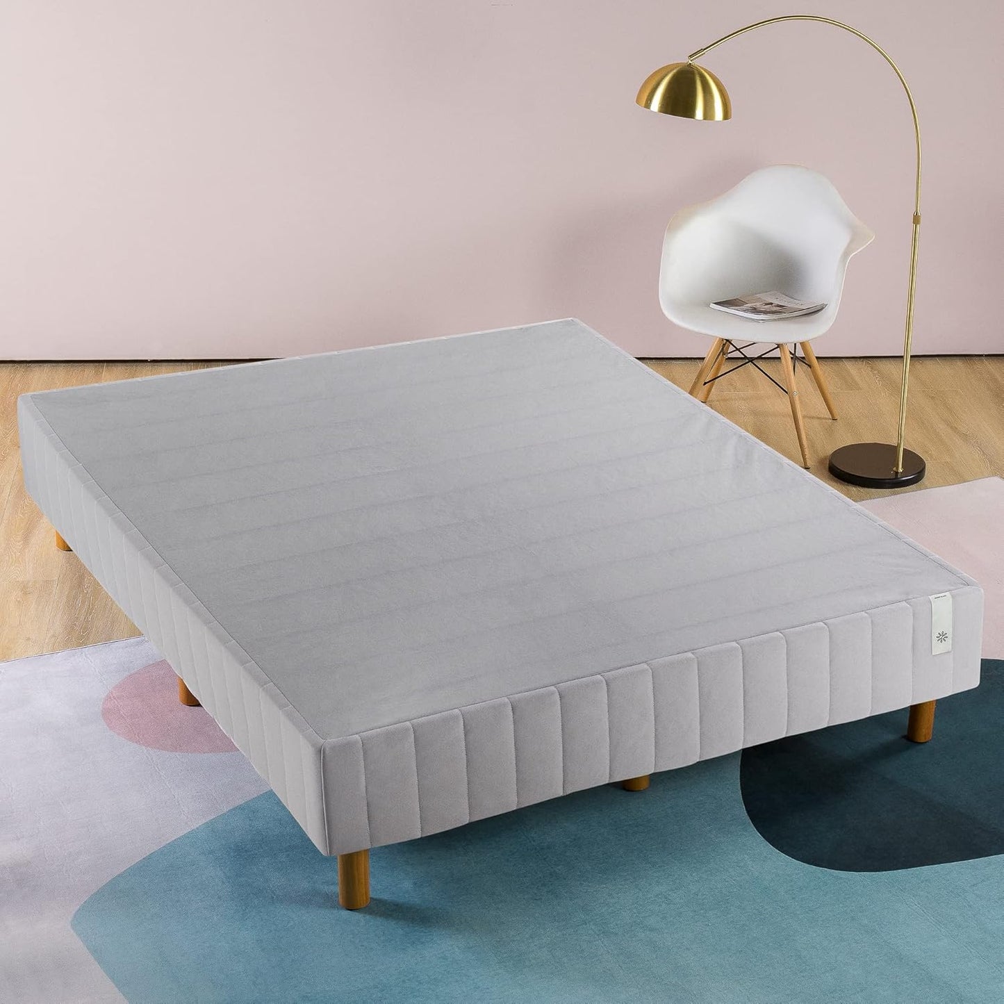 Colchón Justina con somier tipo plataforma y patas, Acero Tela Madera, Gris