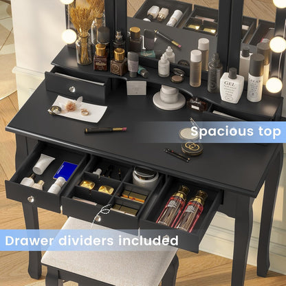 Tocador de tocador, tocador de maquillaje con espejo y taburete de tres