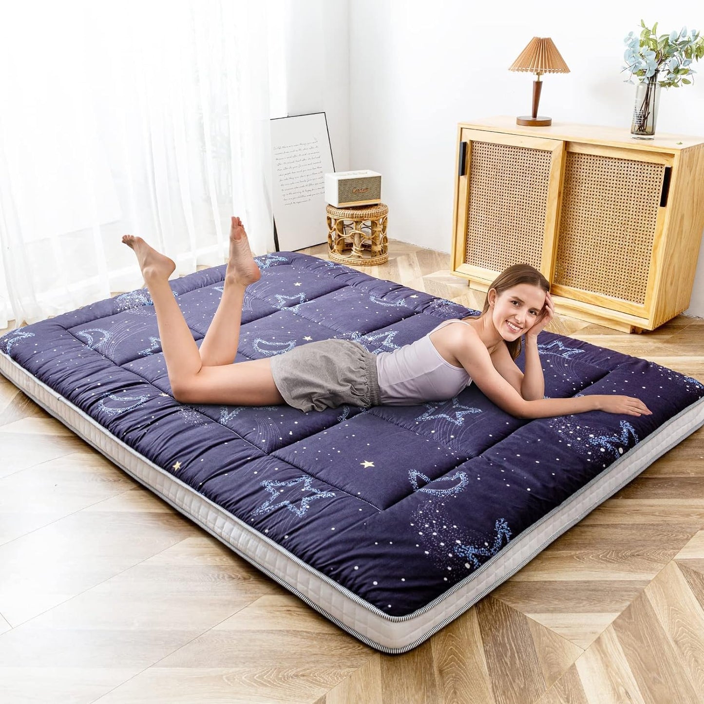 Colchón de futón negro con luna y estrella, colchón acolchado japonés, extra