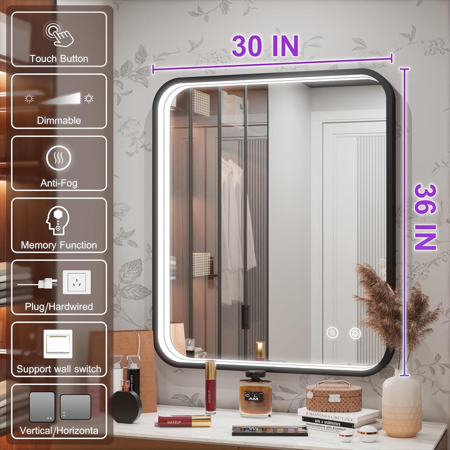 Espejo de baño LED de 30 x 36 pulgadas, espejo iluminado con marco negro para...