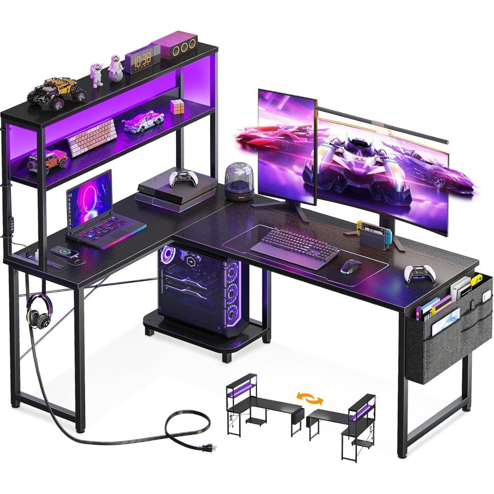 Escritorio Gamer En L Reversible AODK, Con Luz Led Y Toma De Corriente, Estante De Almacenamiento Y Gancho