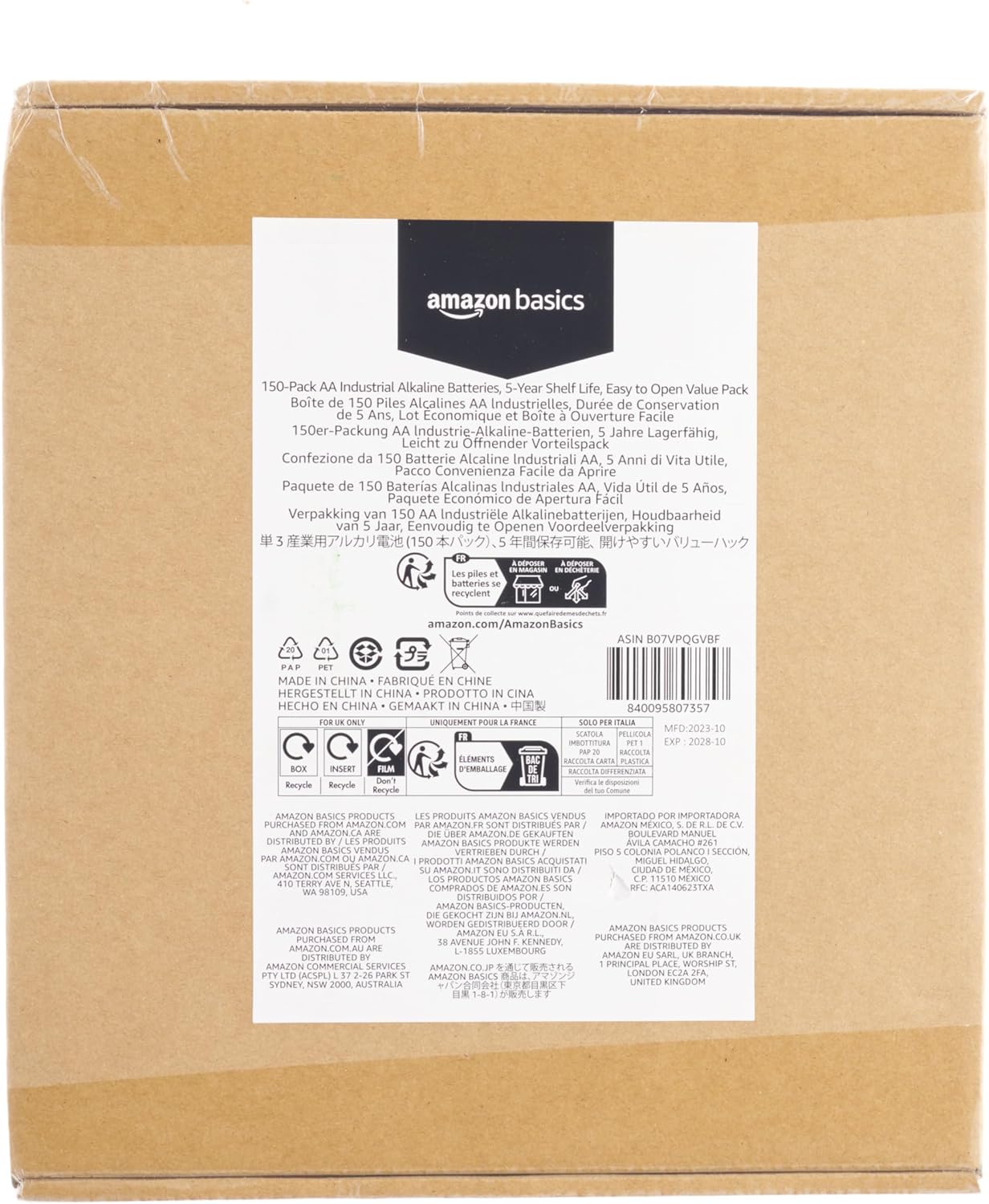 Tienda Basics, paquete de 150 pilas industriales alcalinas AA, 1.5 voltios, 5...