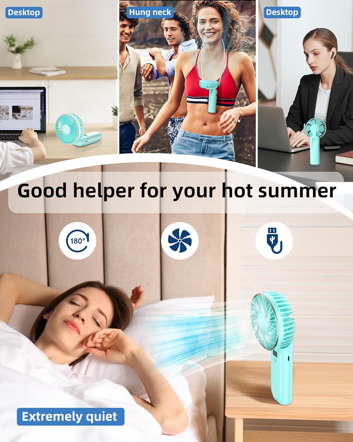 Ventilador de mano portátil recargable, 4000 mAh, ajustable en 180, 6...