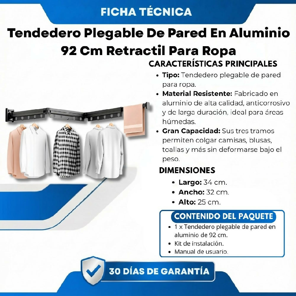 Tendedero Plegable De Pared En Aluminio 92 Cm Retractil Para Ropa