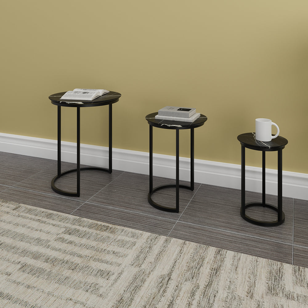 Mesa De Centro Tipo Marmol Set De 3, Negro