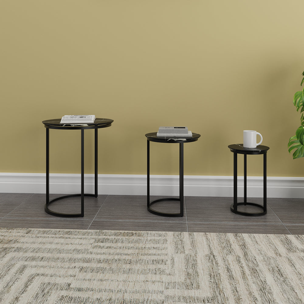 Mesa De Centro Tipo Marmol Set De 3, Negro