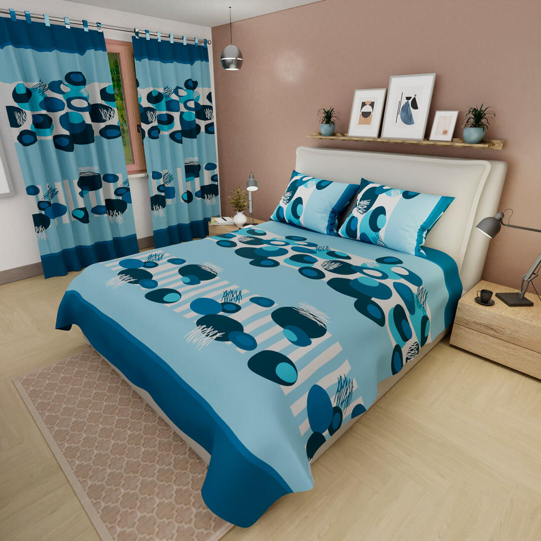 Juego de Sábanas con Cortinas Círculos Azules Ultra Suave 1.60 X 1.90