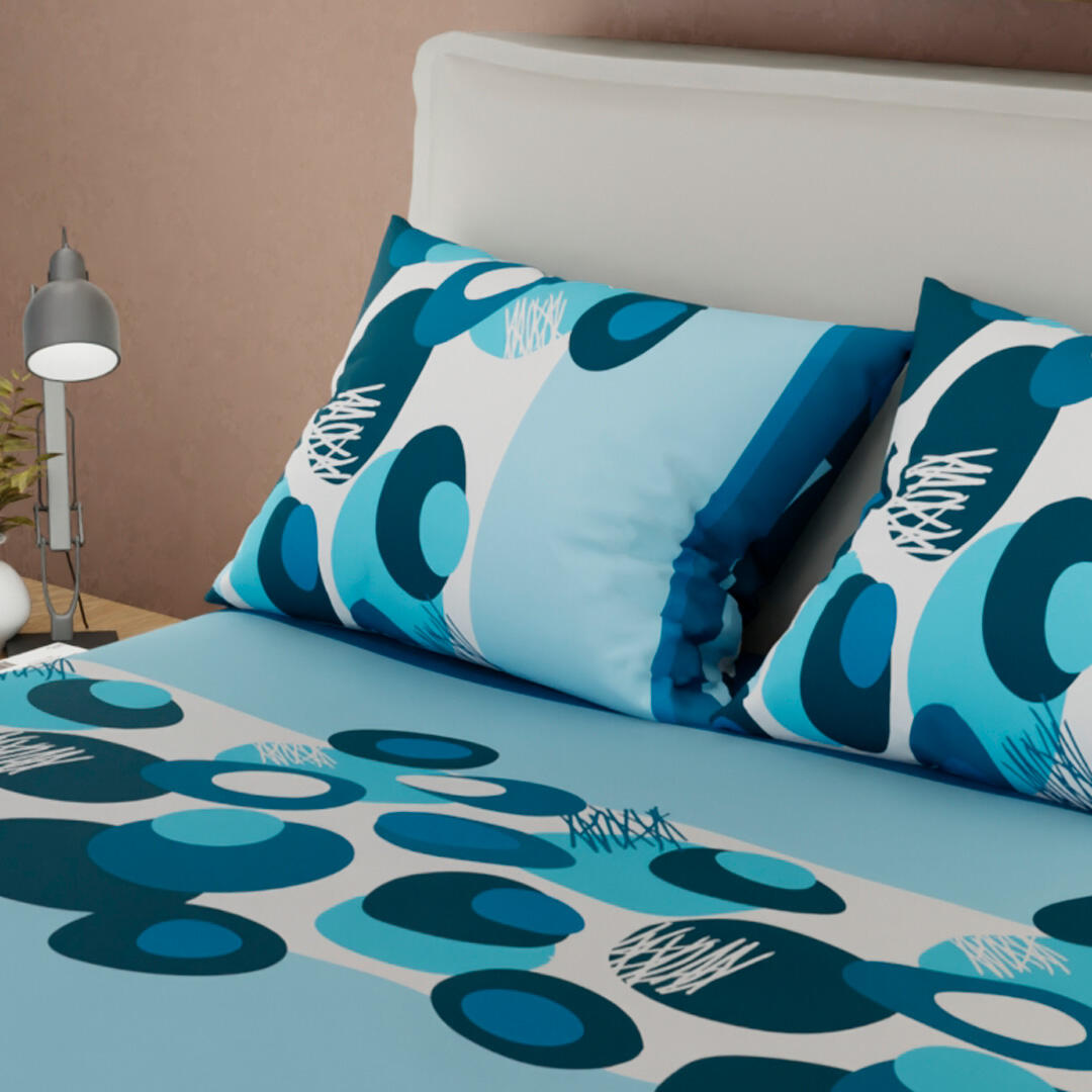 Juego de Sábanas con Cortinas Círculos Azules Ultra Suave 1.60 X 1.90