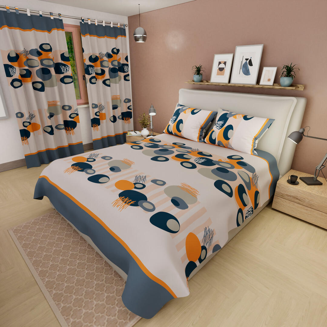 Juego De Sábanas Con Cortinas Blanco Patrón Círculos Azules Ultra Suave