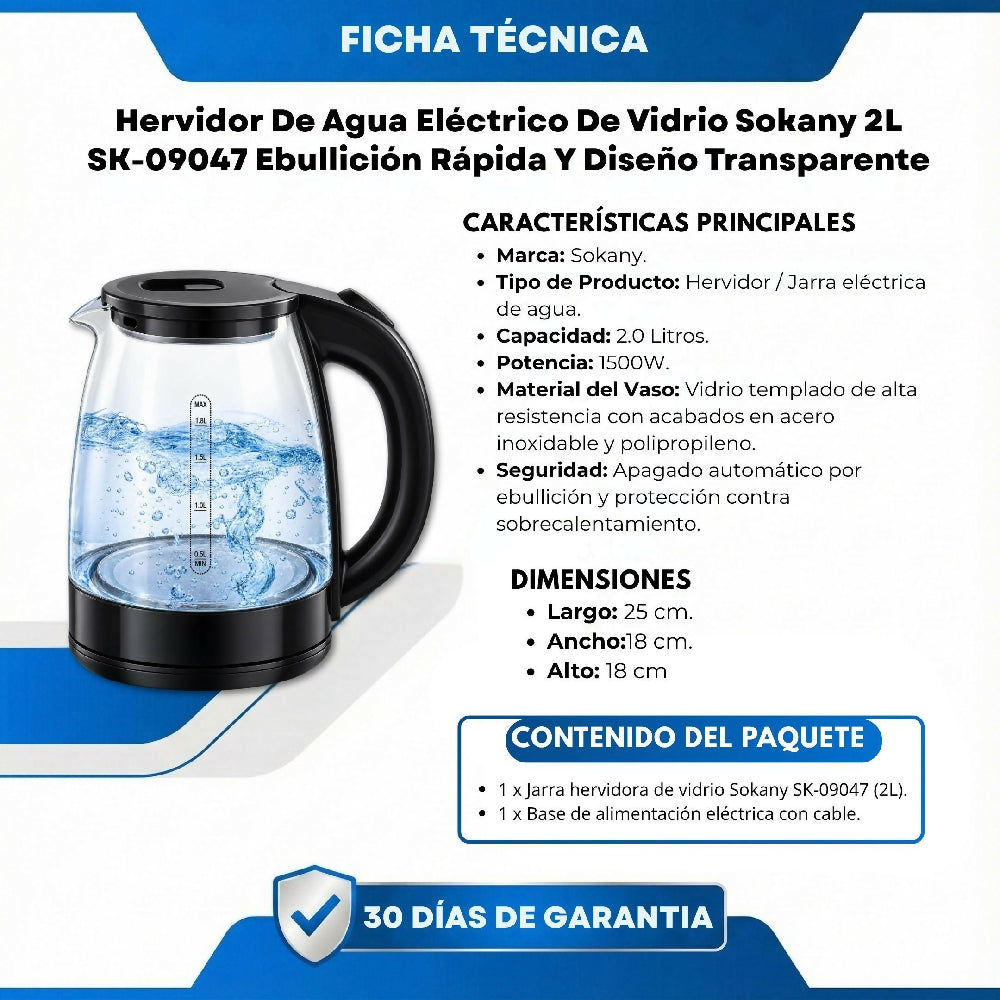 Hervidor De Agua Eléctrico De Vidrio Sokany 2L SK-09047 Ebullición Rápida Y Diseño Transparente