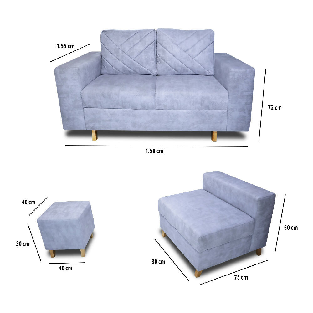 Sala Amsterdam + Silla + Puff en Tela Amigable Con Mascotas 150X72X155 Cm Hielo