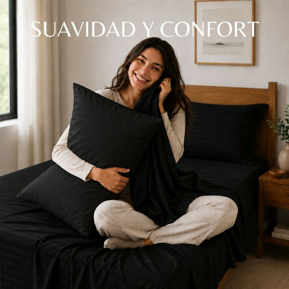 Combo Juego de sábanas + 2 almohadas siliconadas king negro