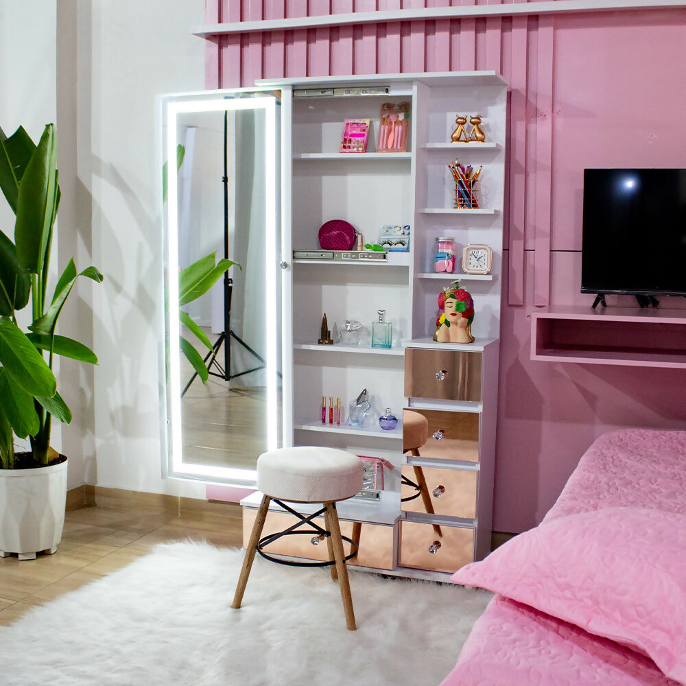 Vanity Puerta Abatible oro rosa Espejo Led