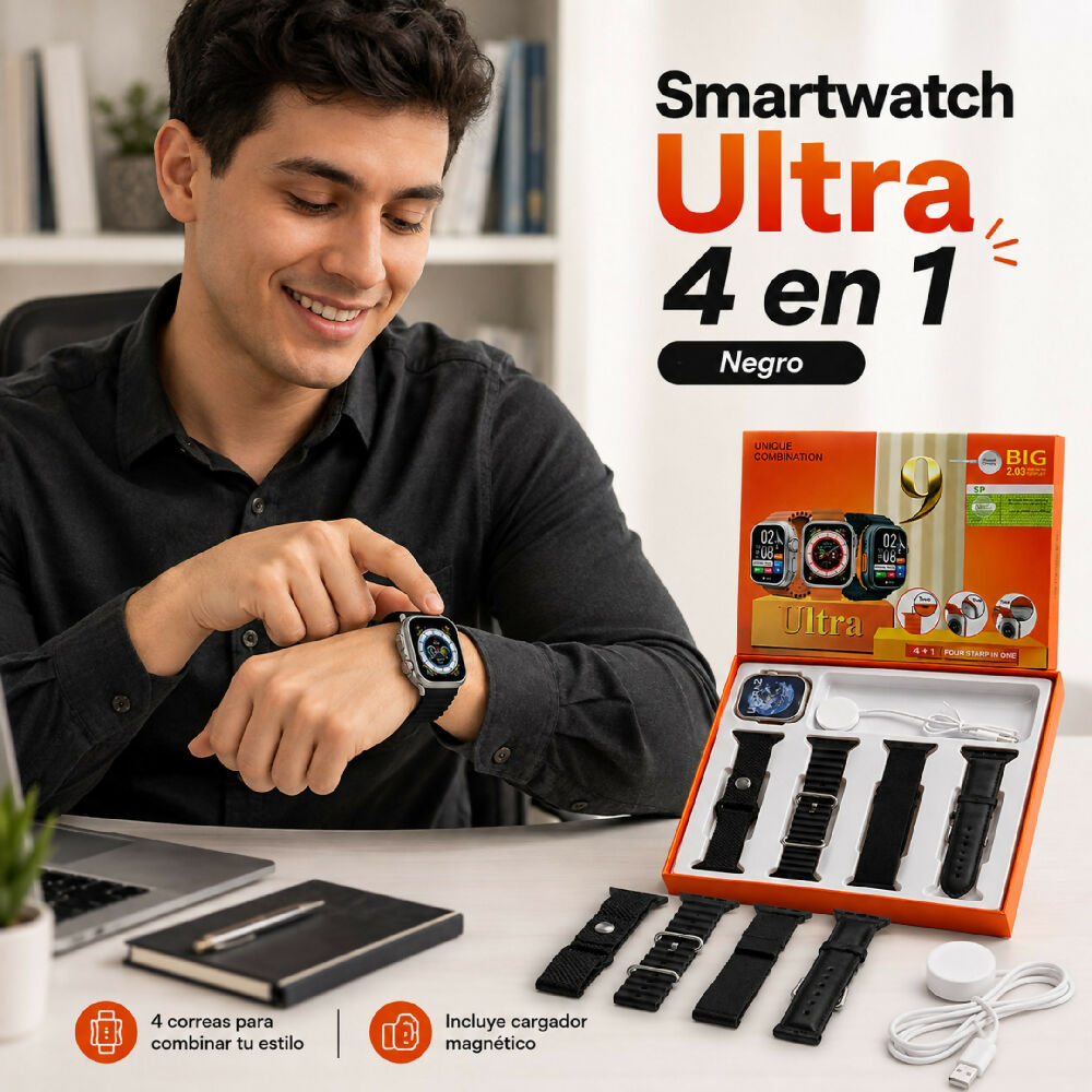 Smartwatch Ultra 4 En 1 Pantalla 2.03" Con 4 Correas Intercambiables