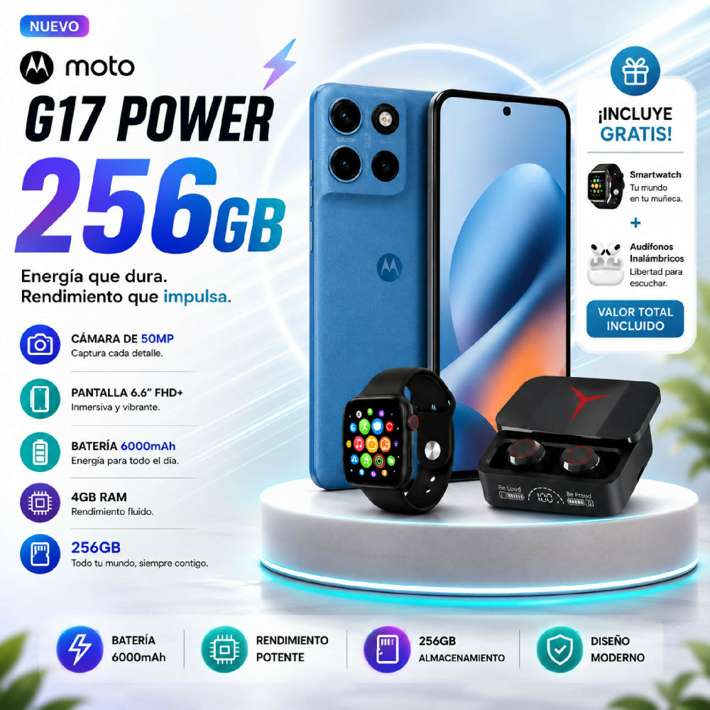 Teléfono Motorola Moto G17 Power 256GB Azul + Kit Regalo Reloj Inteligente Y Audífonos