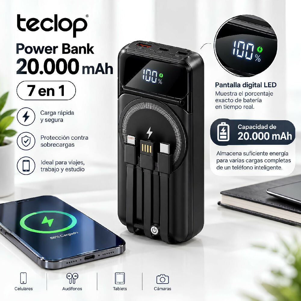 Cargador Portatil Power Bank 20.000 MaH Con Cables Integrados 7 En 1 Bateria