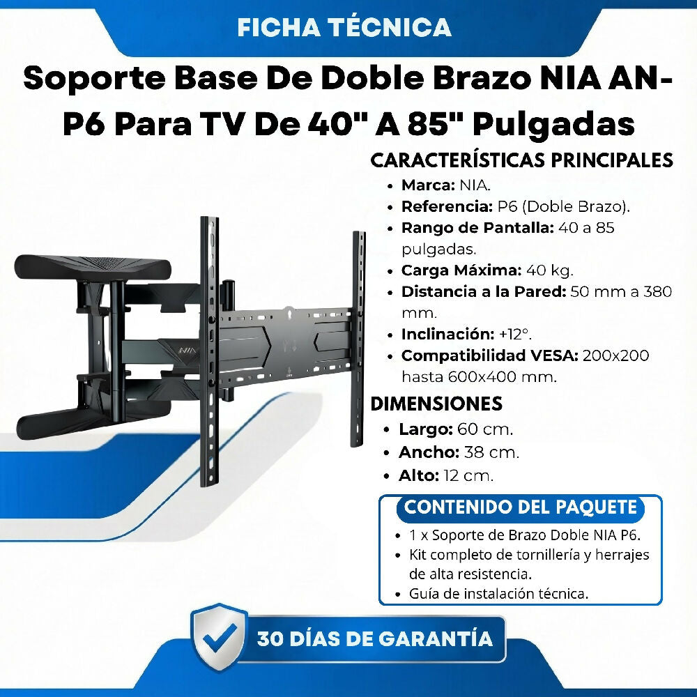 Soporte Base De Doble Brazo NIA AN-P6 Para TV De 40" A 85" Pulgadas