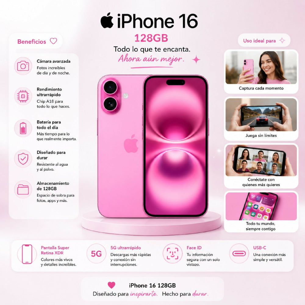 Celular Apple IPhone 16 5G 128gb 8gb RAM + Obsequio Vidrio Templado Y Forro Rosado