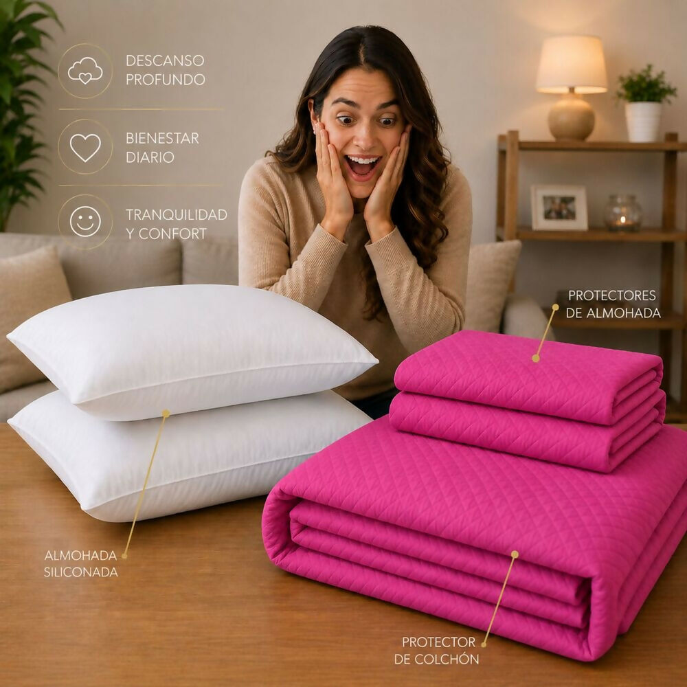 Combo protector colchon + 2 almohadas siliconadas doble fucsia
