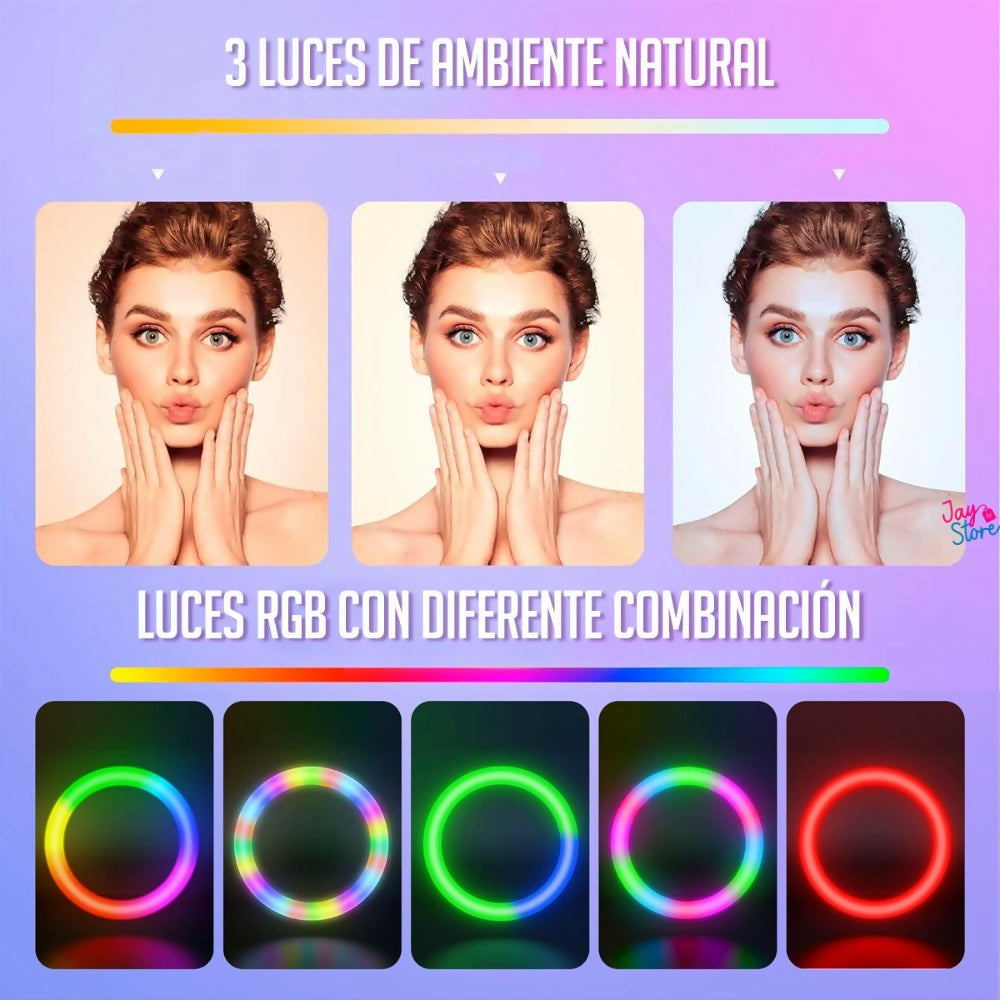Aro de Luz LED RGB 26cm Trípode 2.1mts Fotografías Selfie