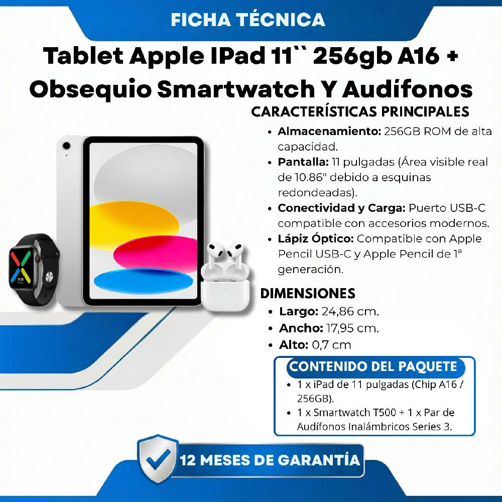 Tablet Apple IPad 11 Pulgadas 256gb A16 + Obsequio Smartwatch Y Audífonos Plateado