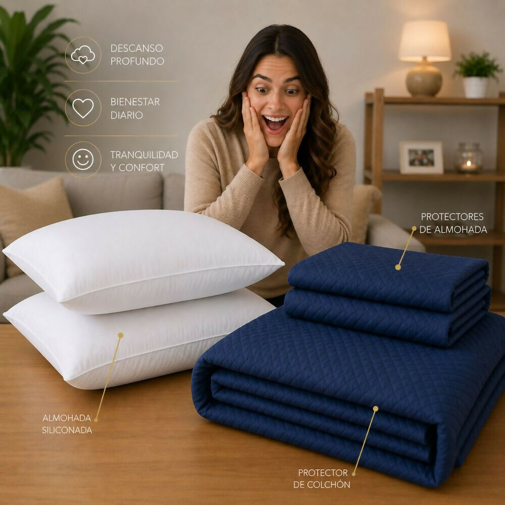 Combo protector colchon + 2 almohadas siliconadas king azul