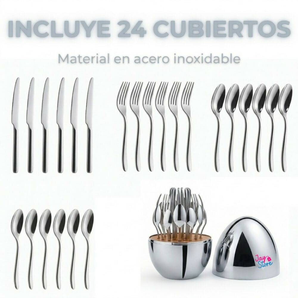 Cubiertos Set 24 Piezas Acero Inoxidable Estuche Huevo Gold