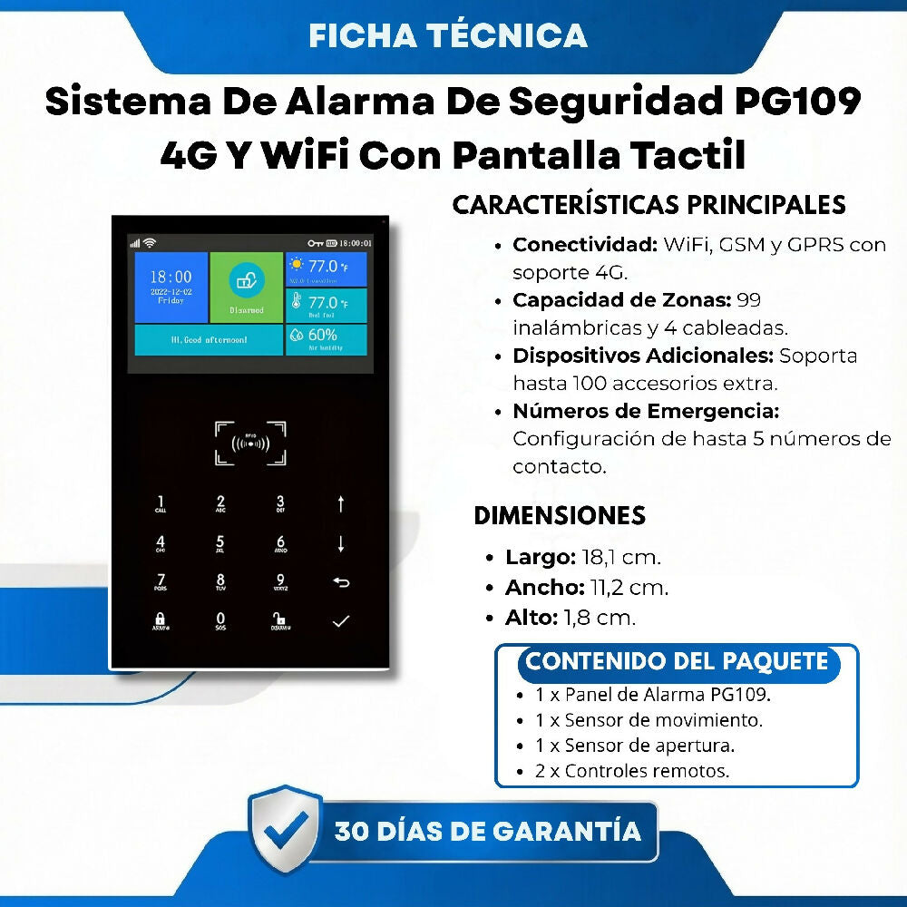 Sistema De Alarma De Seguridad PG109 4G Y WiFi Con Pantalla Tactil